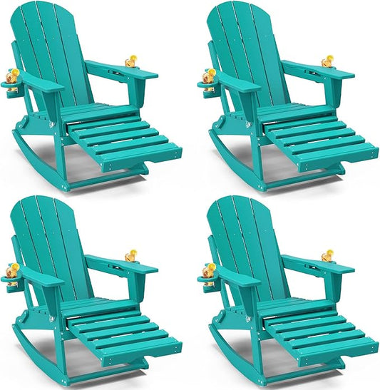Adirondack Rocking Chairs Set of 4 with Retractable Ottoman, All Weather Folding Adirondack Chair with Two Cup Holders, Adirondack Outdoor Rocking Chairs for Porch, Patio, Balcony. Lake Blue