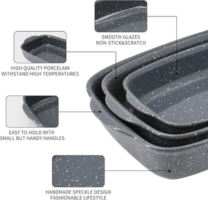 Ceramic Bakeware Dish Set of 3, Rectangular Baking Casserole for Oven,High Heat Resistant,Lasagna Pan Deep with Handles,Handcraft Speckle Series (13.8''/12''/9.6''Grey)