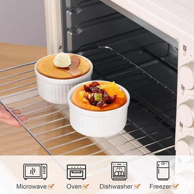 Yachi Ramekins White, 6 oz Ceramic Set of 6 Stoneware Bakeware for Souffle Sauces Dipping Onion Soup Lava Cake Flan Creme Brulee Kit Pudding Mini Custard Oven Safe