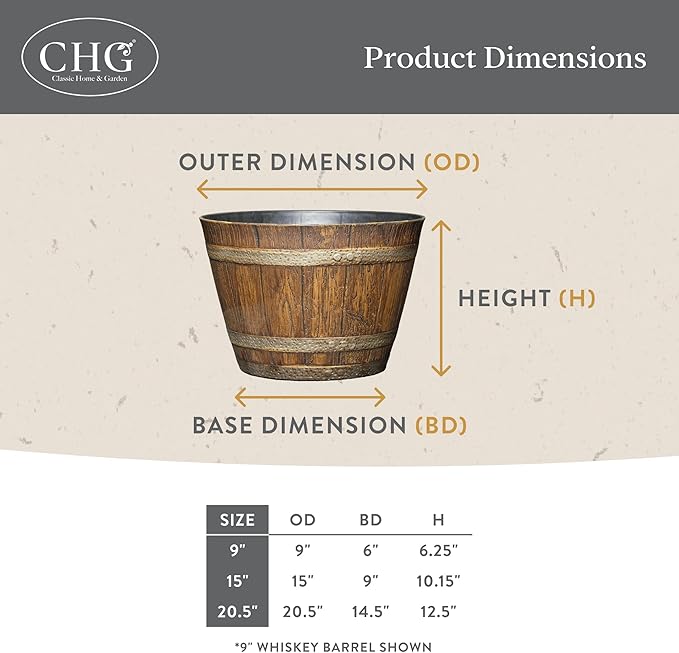 Classic Home and Garden Outdoor Whiskey Resin Flower Pot Barrel Planter, Walnut Brown, 20.5" (2 Pack)