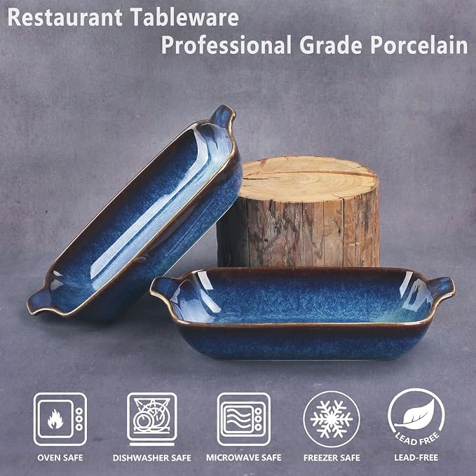Ceramics Au Gratin baking Dishes Set of 2, Baking Tray Bake ware, 14.4oz Ramekins, for Pie Pan, Appetizer, Tart, Dessert, Quiche, Oven Small dish, individual dishes, Rectangular 9.8 Inch
