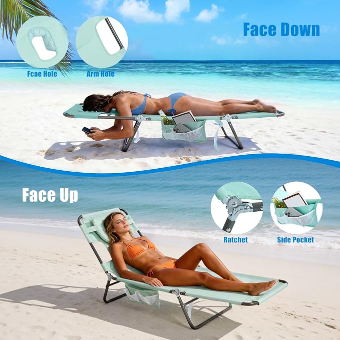 SUNNYFEEL Beach Lounge Chair, Reclining Beach Chairs Lay Flat, Sun Face Down Tanning Chair, Folding Camping Chairs Portable Camp Cot with Backpack Straps for Outdoor/Picnic/Lawn