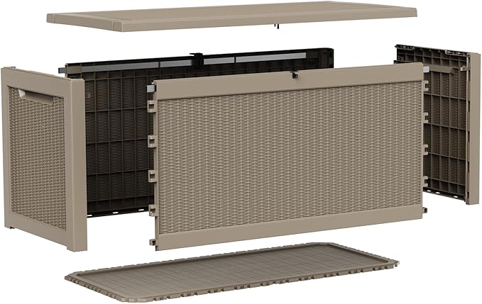 260 Gallon Deck Box, Waterproof Resin Outdoor Storage Box Lockable for Patio Furniture, Fade Resistant Patio Side Table & Organizer for Garden Tools, Pool Float, Outdoor Cushions, Light Coffee