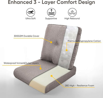 Patio Chair Cushions 3 Packs - Outside Heavy Duty Thick Water-Resistant Cushion 22x24 with Zipper Cover for Patio Glider Rocking Chairs Loveseat Couch – Grey/Buckle