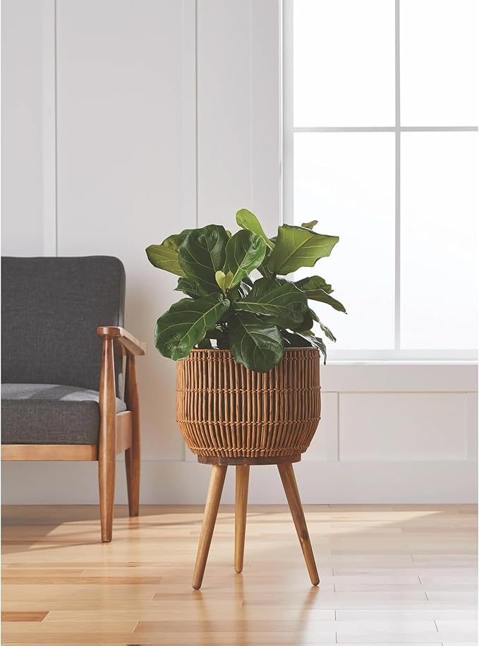 13.2 Inch Round Brown Resin Rattan Planter with Stand - Acacia Wood Legs, Steel Frame, Plastic Insert - Indoor/Covered Outdoor Use (13.5" Diameter x 21.8" H)