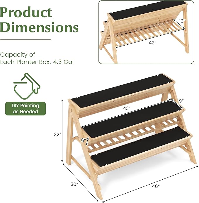 Giantex 3-Tier Raised Garden Bed, Wooden Vertical Planter Box with Storage Shelf, 2 Hanging Hooks & 3 Bed Liners, All-Weather Freestanding Planter, Elevated Raised Beds for Lawn Patio, Natural