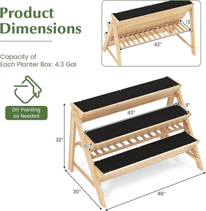 Giantex 3-Tier Raised Garden Bed, Wooden Vertical Planter Box with Storage Shelf, 2 Hanging Hooks & 3 Bed Liners, All-Weather Freestanding Planter, Elevated Raised Beds for Lawn Patio, Natural