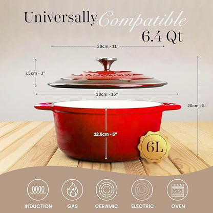 Nuovva Enamelled Cast Iron Dutch Oven Pot with Lid-6.4 Quart Non Stick Casserole Pot-Heavy Duty & Oven Safe up to 500° F for Bread Baking, Braising, Stews, Roasting - 28cm Red