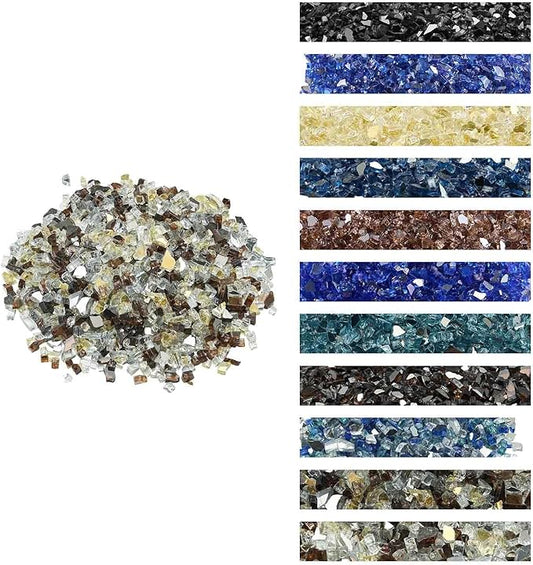 VEVOR Fire Glass, 10 LBS / 4.5 KG High-Temperature Resistant Fireplace Rocks, 1/2-Inch / 12.7 mm Reflective Firepit Glass Rock, High Luster Stone Landscaping for Fire Pit Table, Copper + Clear + Gold