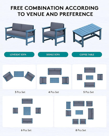 SERWALL 3 Pieces HDPE Outdoor Sofa Bistro Set with Cushions, Outdoor Furniture Sofa Sets with Coffee Table and Cushions, All Weather Conversation Social Set, Blue Frame and Grey Cushion