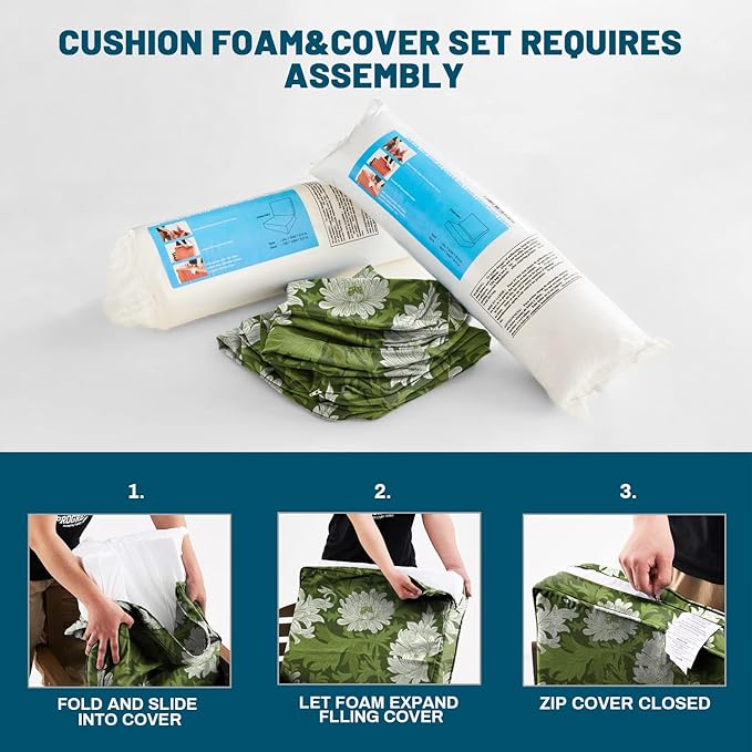 ARTPLAN 24x24 Deep Seat Patio Cushions for Outdoor Furniture,Extra 6 inch Thick,Back 18"x24",Removable,Replacement,Polyester Floral Pattern,Outdoor/Indoor,Green Flowers