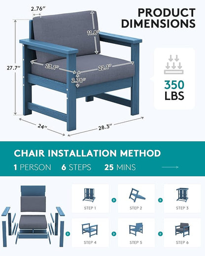 SERWALL 2 Pieces Single Cushioned Lounge Chair, Blue HDPE Outdoor Adirondack Sofa Armchair with Grey Cushion