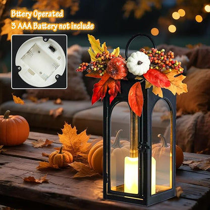 Thanksgiving Outdoor Decorations Lantern 2Pack, Fall Decorations for Home Waterproof 16" Battery Powered Decorative Lanterns Metal Hanging LED Candle Holder, Flameless Candle Lantern for Indoor