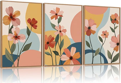 FWIEXA Colorful Flower Canvas Wall Art,Boho Flower Framed Wall Art Pink,Minimalist Wildflower Wall Decor,Abstract Floral Art Prints,Modern Orange Floral Artwork Daisy for Living Room Bedroom 24x36''x3