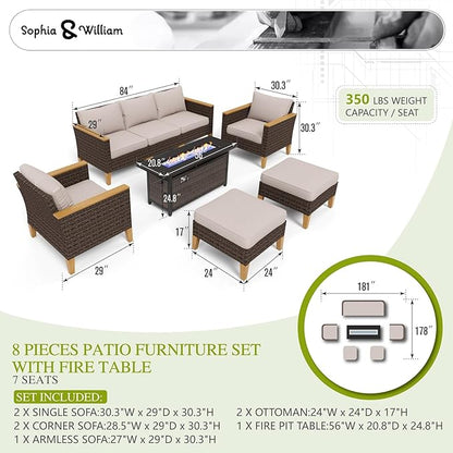 Sophia & William Patio Furniture Set with Fire Pit Table, Large Outdoor Wicker Rattan Sectional Sofa 8 Piece Patio Conversation Set for Deck, Backyard, Porch, Outside(56-Inch Fire Pit,Beige)