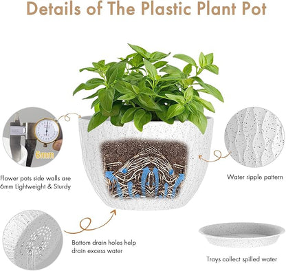 WSMKSZ 12 Inch Wide Water Ripples Flower Pots for Indoor or Outdoor Plants, Large Plant Pots with Drainage Holes & Saucer, Plastic Planters Set for Garden & Home Decor (White with Black Speckles)