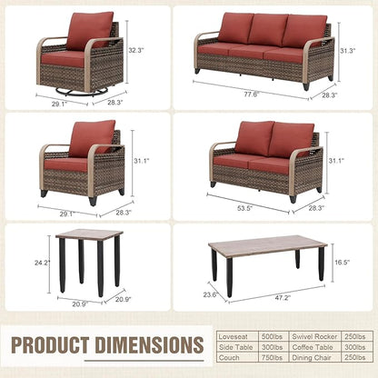 Modern Wicker Patio Furniture Set, Rattan Outdoor Conversation Set， 2 Patio Chairs, 2 Swivel Rocking Chairs, 3 Seat Couch, Loveseat, Coffee Table and Side Table, 8 Pieces, Brown/Red