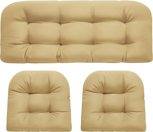 DANGHOOGY Wicker Chair Cushions, Waterproof Outdoor Loveseat Cushions for Patio Furniture, Tufted Wicker Furniture Cushions, 1 Loveseat and 2 U-Shaped Cushions, Khaki