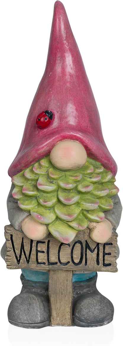 Alpine Corporation QWR1466 Gnome with Red Hat Holding “Welcome” Sign, Stylish Décor for Garden, Patio, & Pathway, 19" H, Multicolor
