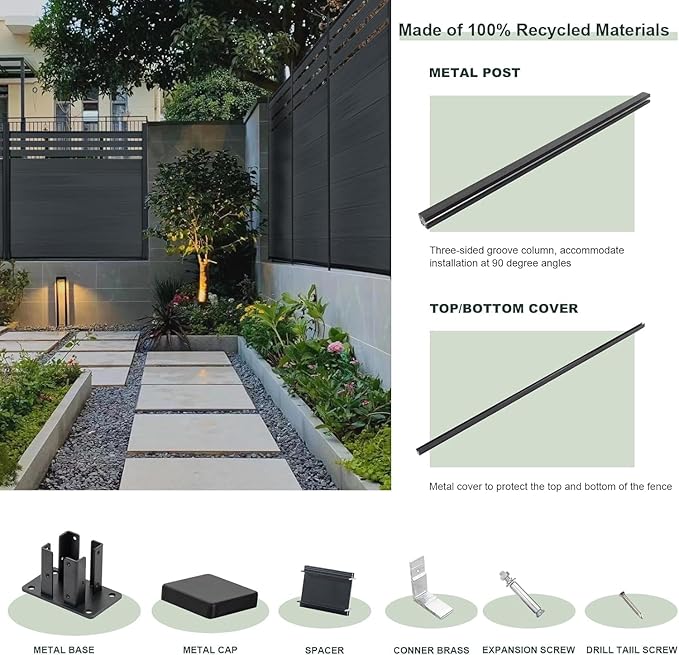 Mondaria Semi-Closed Privacy Fence Panels with 2 Posts for Outside, 6ft(W) x 6ft(H) Gray Wind Resistant Wood Plastic Composite Fencing Panels for Patio, Backyard, Garden and Pool