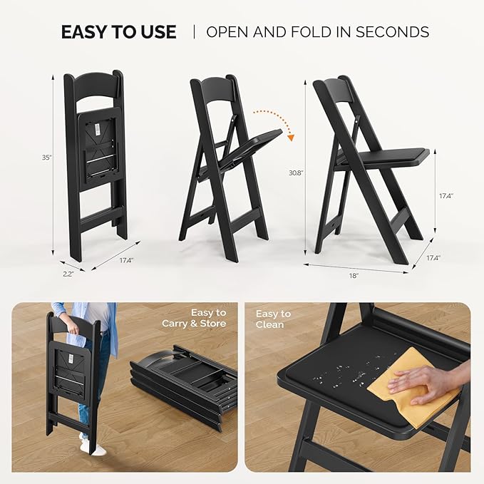VINGLI Resin Folding Chairs with Cushion, Foldable Plastic Chair with Comfortable Padded Seats, Perfect for Event Party Indoor Outdoor, Black, 8 PC