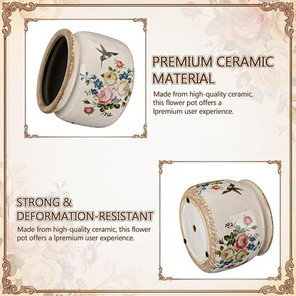 7.7″ Large Vintage Ceramic Plant Pot with Hummingbird Bloom Pattern Cream White Rustic Planter with Ice Crackle Glaze & Drainage Hole for Indoor Outdoor Plants Home Kitchen Office Decor Gift