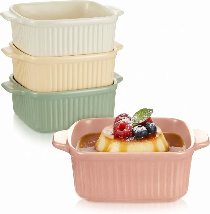 LemonRoad 4 Pcs Small Ceramic Baking Dishes with Dual Handles, 13.5 oz Oven Safe Individual Casserole Pan Ramekin Bowls Microwave Dishwasher Safe for Serving, Desserts Storage(Square)