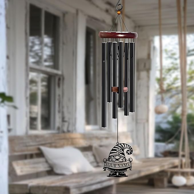 Personalized Customize Name Gnome Wind Chime, Metal Iron 37 Inch Outdoor Memorial Gift for Garden Yard Patio Home Decor, Black，Christmas (Style I)