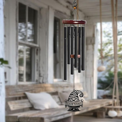 Personalized Customize Name Gnome Wind Chime, Metal Iron 37 Inch Outdoor Memorial Gift for Garden Yard Patio Home Decor, Black，Christmas (Style I)