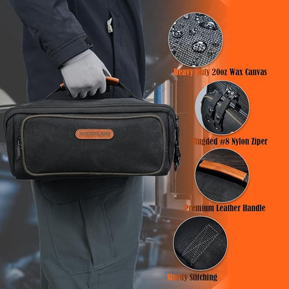 WELKINLAND LayFlat Tool Pouch Organizer, 13-Inch Small Tool Bag, Heavy-Duty Waxed Canvas Tool Pouch, 5-Pocket Small Tool Bags with Zipper, Wide-Open Electrician Tool Bag