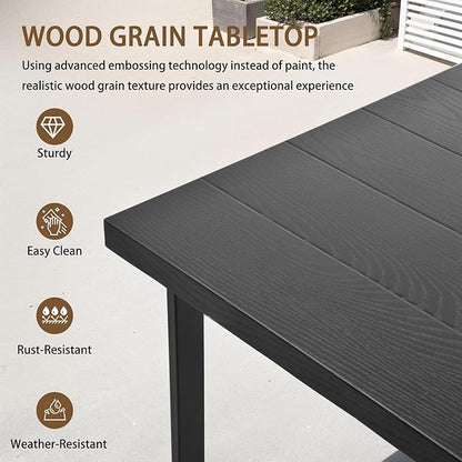 7-Piece Patio Dining Table and Chair Sets, Outdoor Metal Dining Furniture Set with Umbrella Hole, Wood Grain Tabletop, 6 Rope Patio Chairs with Faux Wood Armrest & Cushions for Backyard, Deck