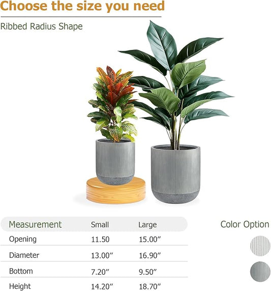 14.2" H x 13" D Ribbed Radius Fiberstone Round Planter with Drainage Hole, Weather Resistant for Indoor and Outdoor Use, Included 2 Extra Coco Mats (Charcoal, 11.5" Pot Opening)