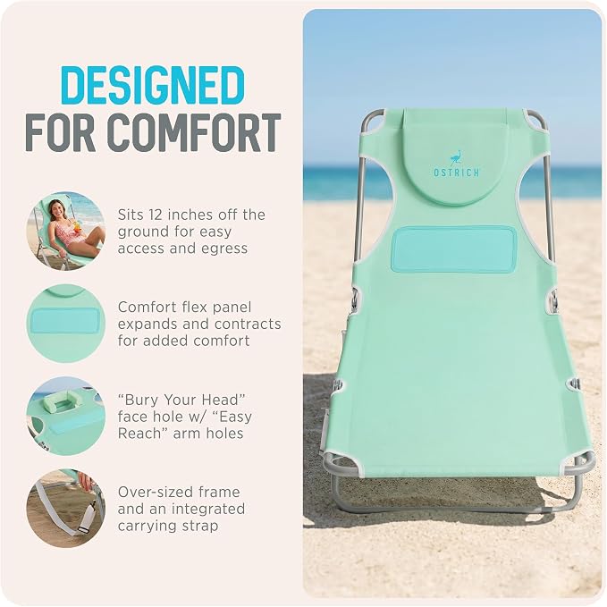 Ostrich the Ladies Comfort Lounger with Chest Support, Foldable and Portable Reclining Outdoor Patio Beach Lawn Camping Pool Tanning Chair, Teal