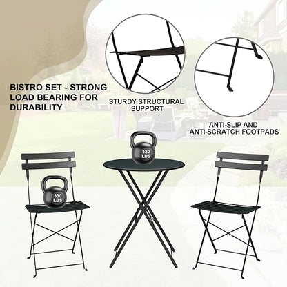 Premium Steel Frame Patio Bistro Set, 3-Piece Outdoor Folding Table and Chairs, Weather Resistant Conversation Sets of 2, Space Saving Patio Furniture for Backyard Balcony Porch Garden, Black