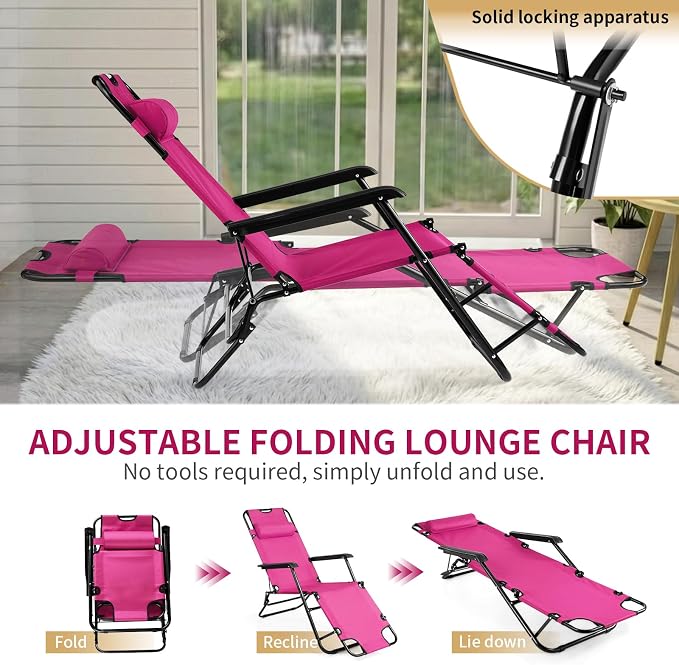Outvita Folding Chaise Lounge Chair, Outdoor Adjustable Recliner Chair with Pillow for Camping, Beach, Poolside, Garden, Backyard, Lawn
