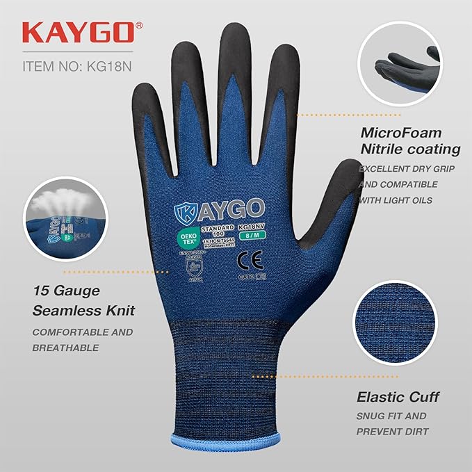 KAYGO Safety Work Gloves MicroFoam Nitrile Coated-12 Pairs, KG18NB,Seamless Knit Nylon Glove with Black Micro-Foam Nitrile Grip,Ideal for General Purpose,Automotive,Home Improvement, Dark Blue, L