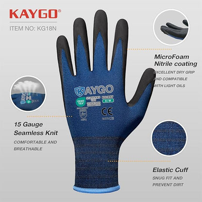 KAYGO Safety Work Gloves MicroFoam Nitrile Coated-12 Pairs, KG18NB,Seamless Knit Nylon Glove with Black Micro-Foam Nitrile Grip,Ideal for General Purpose,Automotive,Home Improvement, Dark Blue, L