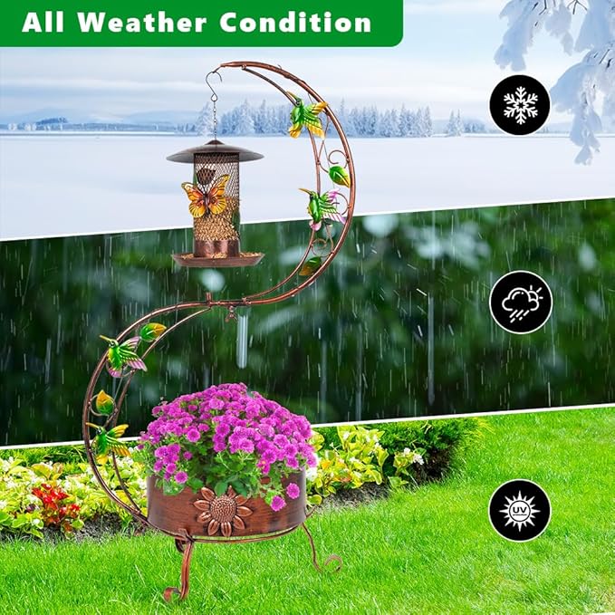 DREAMSOUL Metal Bird Feeder Stand with Flower Planter Pedestal, 35.4 Inch Tall Planter Vintage Bird Feeders for Outdoors Garden Patio Decor