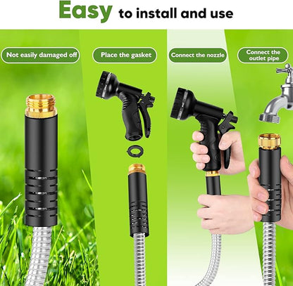 Garden Hose Metal 100FT, Stainless Steel Heavy Duty Water Hose With 10 Function Nozzle, No-Kink, Tough & Flexible, Sturdy and Lightweight, Rust Proof for Yard, Outdoor, RV