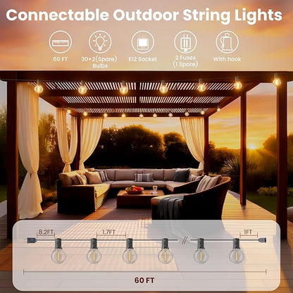 RTTY Outdoor String Lights 60 ft, G40 Led Patio Globe Lights with 32pcs Plastic Bulbs,Shatterproof Waterproof Connectable Hanging for Porch Cafe Bistro Backyard Gazebo Balcony Deck Party