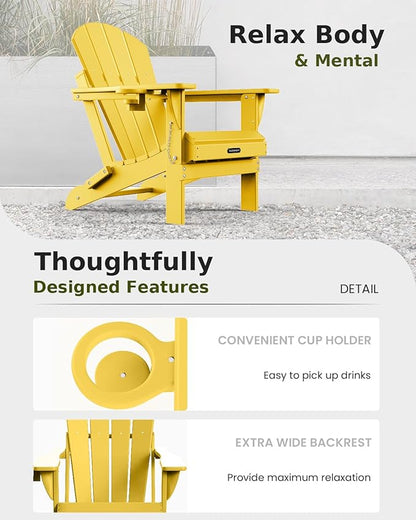 MUCHENGHY Folding Adirondack Chairs Set of 4, Patio Chairs, Lawn Chairs, Outdoor Chair, Adirondack Chair Plastic, Fire Pit, Weather Resistant with Cup Holder for Deck, Backyard, Garden(Olive Yellow)