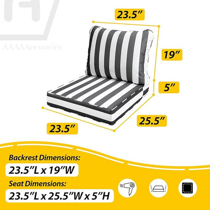 AAAAAcessories Outdoor Seat Cushions for Chairs, Fade-Resistant, Waterproof Patio Furniture Replacement Cushions, 23.5" x 25.5" x 5" + 23.5" x 19", Gray Cabana Stripe