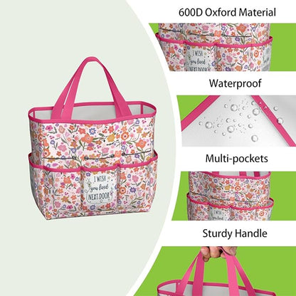 Boho Garden Tool Bag - Waterproof Floral Garden Tote with 8 Pockets, Large Storage Home Organizer Gardening Tool Oxford Bag for Garden Tools Kits Holder, Ideal Outdoor Gardening Gift for Women & Men