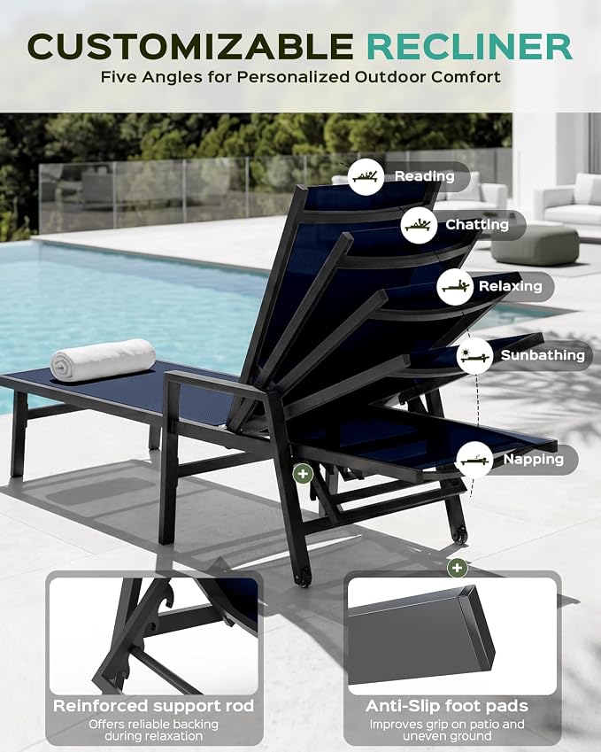Patio Chaise Lounge Chair Outdoor with Wheels&Armrests, Aluminum Pool Lounge Chairs Set of 2 Five-Position Adjustable Recliner, Outdoor Beach Lounge Chairs for Outside, Patio, Deck, Yard, Navy Blue