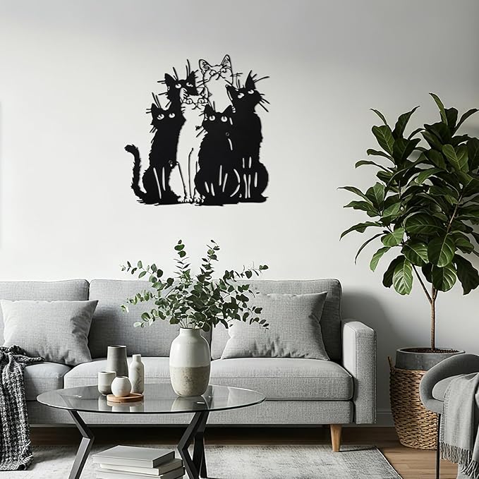 Tandefio Cat Metal Wall Art Black Cat Silhouette Wall Decor 11.42 x11.82 Metal Hanging Sign Christmas Kitten Lovers Gift for Home Indoor Outdoor Garden Office Room Decor