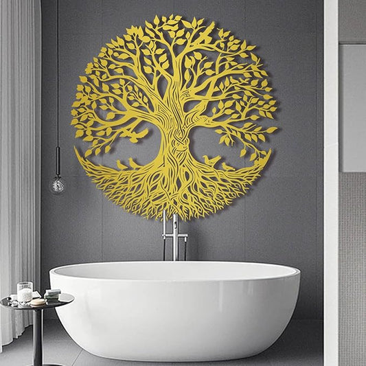 Flewfar Tree of Life Metal Wall Art, Metal Tree of Life Wall Decor, Family Tree Wall Art for Living Room, Indoor Outdoor Decoration, Large Tree of Life Metal Wall Art (Gold, 35" x 35" / 90 x 90cm)