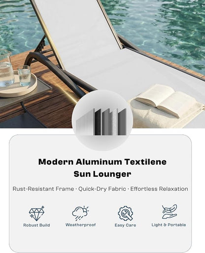 3-Piece Patio Chaise Lounge Set with Side Table, Set of 2 Adjustable Pool Chairs and Aluminum Bistro Table, All-Weather Outdoor Furniture for Pool Deck, Patio & Tanning, White