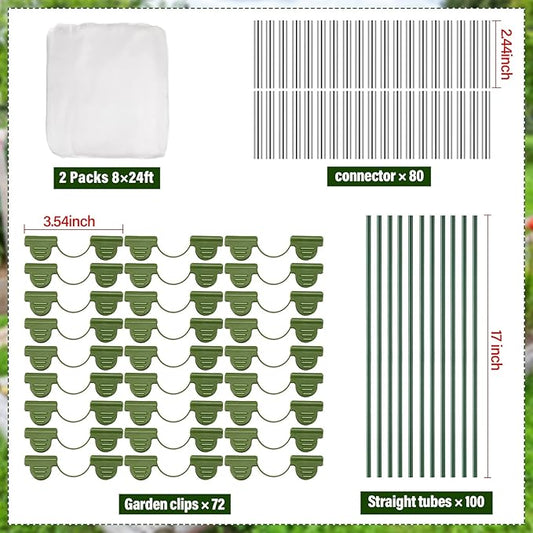 Woanger 2 Set Garden Netting Kit for Raised Beds Ultra Fine Mesh Netting with 100 Hoops 72 Clips 80 Connectors for Garden Row Cover Vegetable Flowers Protection Barrier Plant Covers(8 x 24 ft)