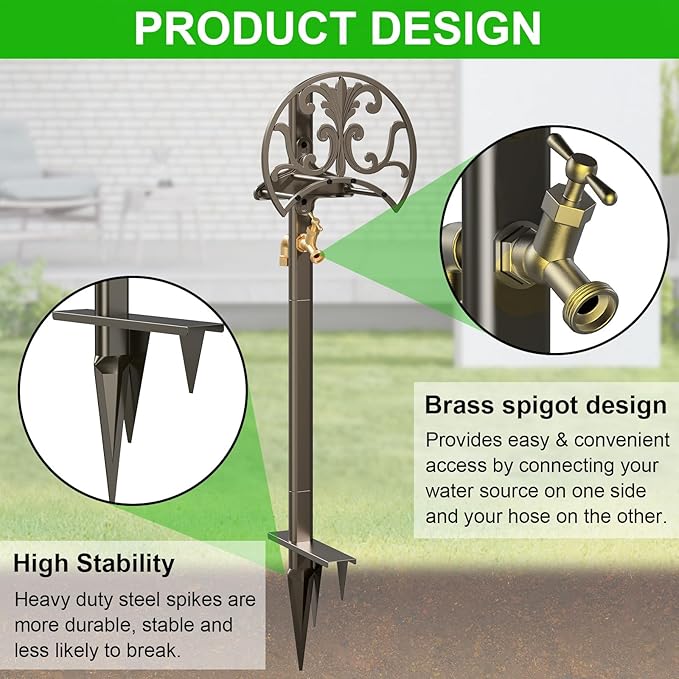 GOFORWILD Garden Hose Stand with Brass Faucet, Detachable Heavy Duty Water Hose Holder, Freestanding Metal Hose Reel Decorative Storage Hanger Holds 150-Feet Hose for Outside Patio Lawn Yard