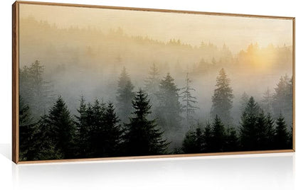 FWIEXA Misty Forest Wall Art Set Framed, Large Mountains Canvas Wall Decor, Green Nature Wall Painting, Foggy Tree Landscape Artwork 20x40 Inches for Living Room, Bedroom, Office, Gift